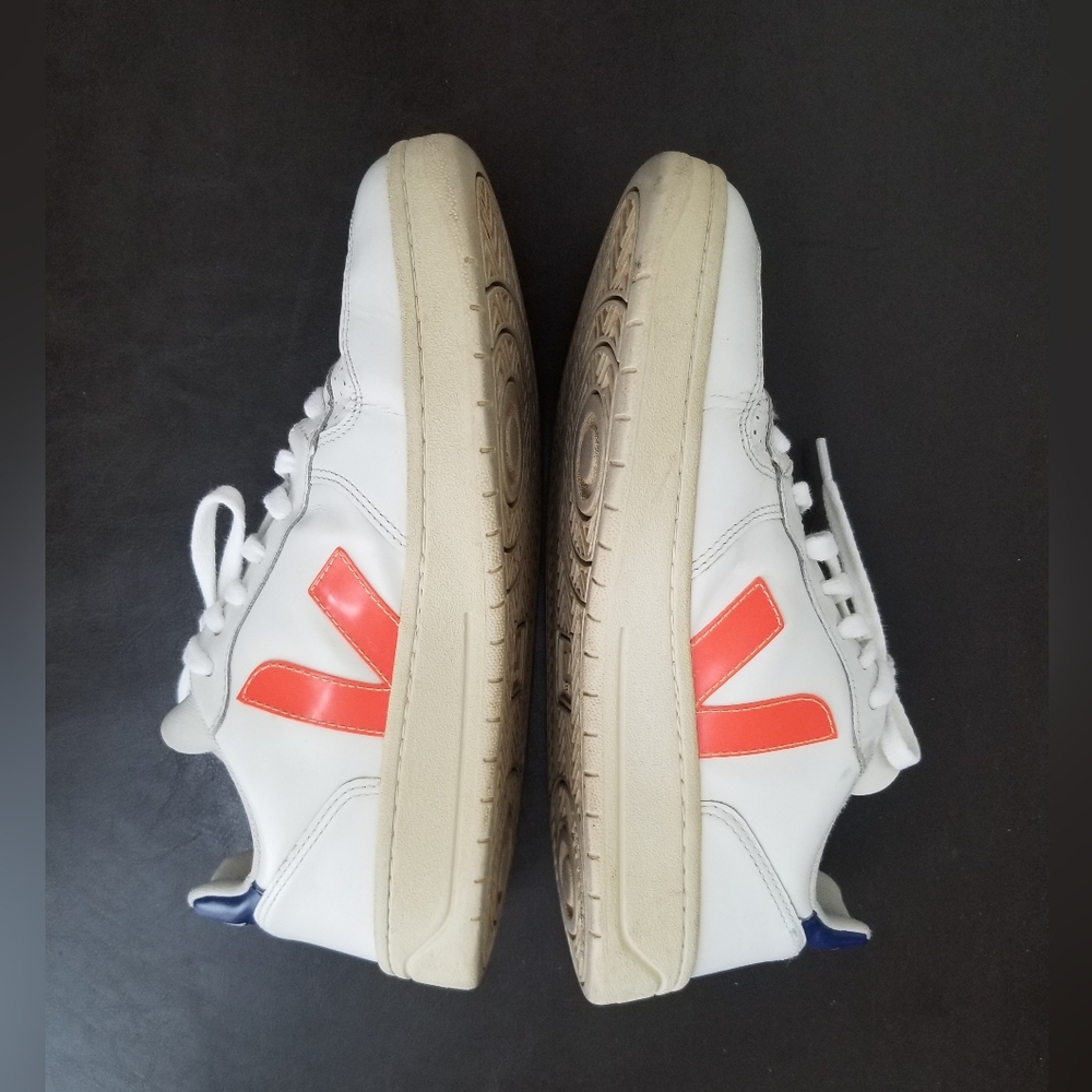 Veja Leather V-10 Sneakers Woman White N Orange Logo Sz 8 - Picture 4 of 14